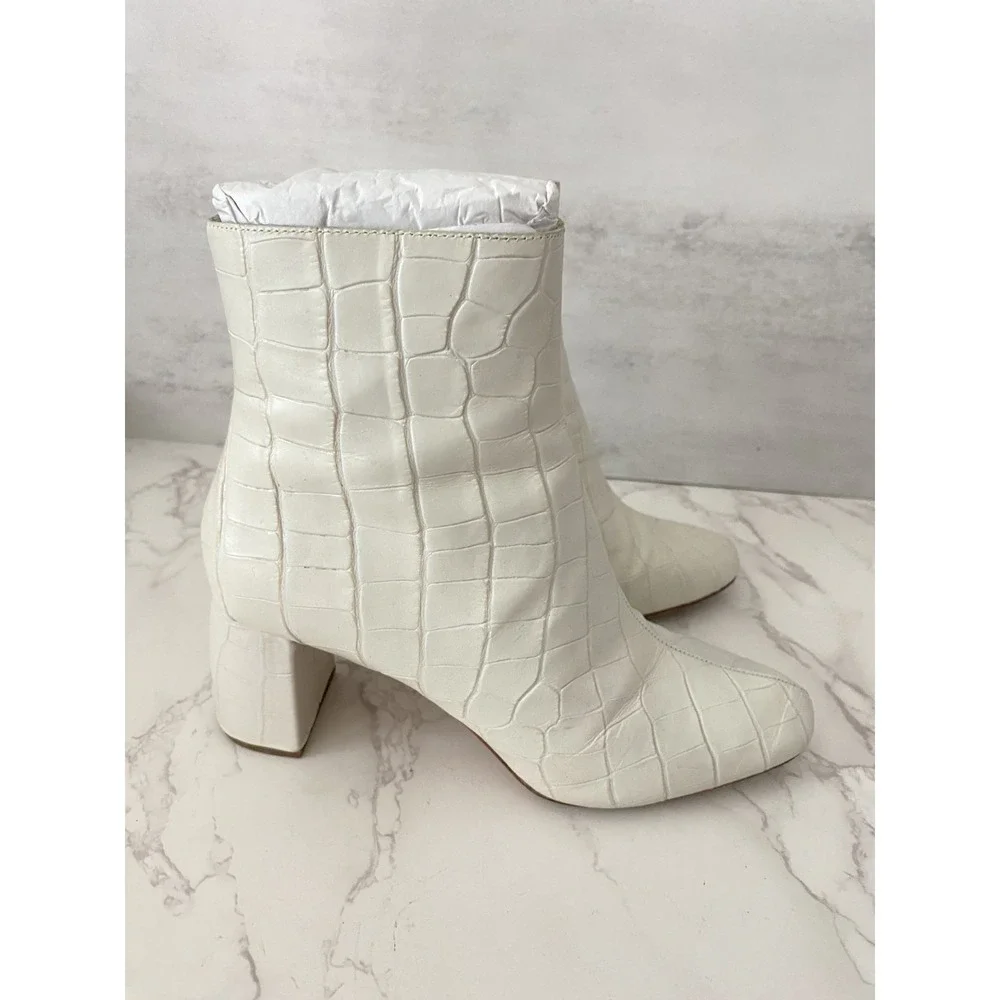 Loeffler Randall Cooper Ankle Boots Women Sz 6.5 Ecru Croc-Embossed Leather